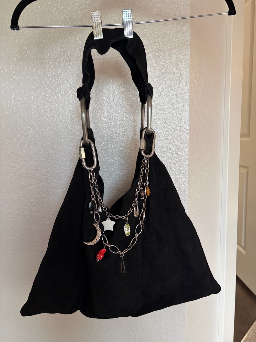 Free People Black Suede Chain Charm Hobo Bag